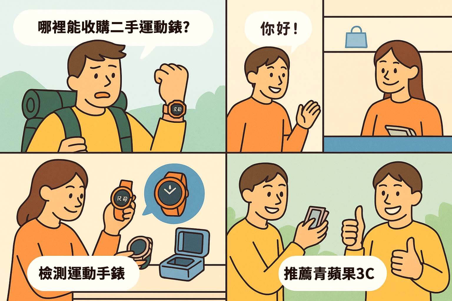 戶外運動手錶收購流程四格漫畫，展示登山者詢問、門市檢測與成交過程