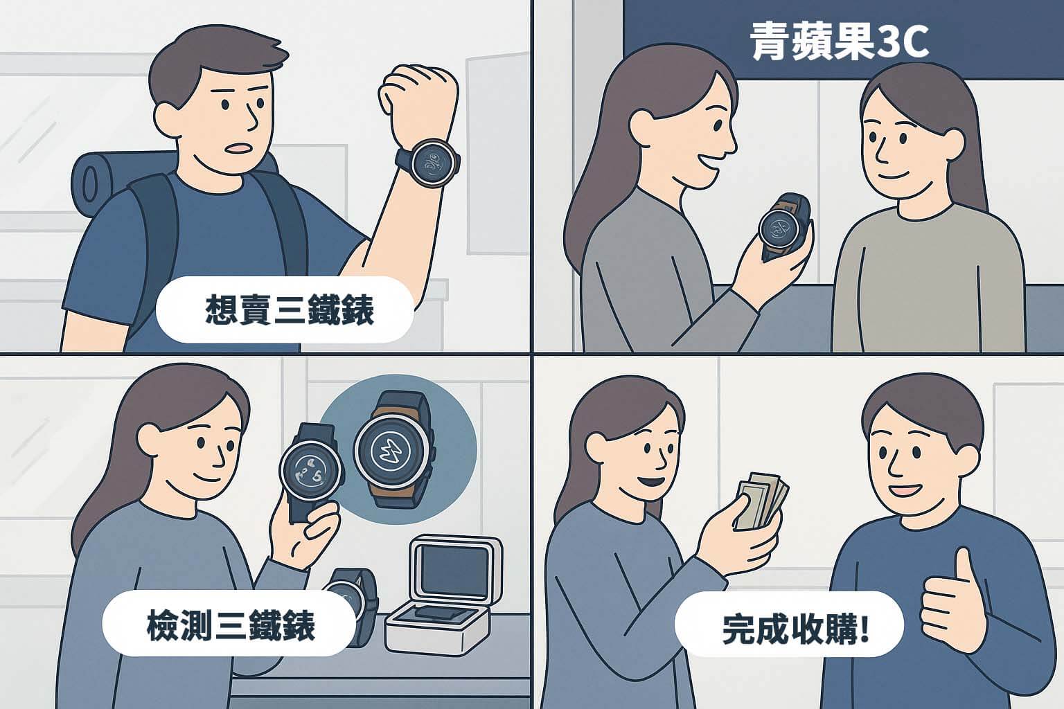 漫畫示意圖解三鐵錶收購流程：詢問、檢測、成交，推薦青蘋果3C