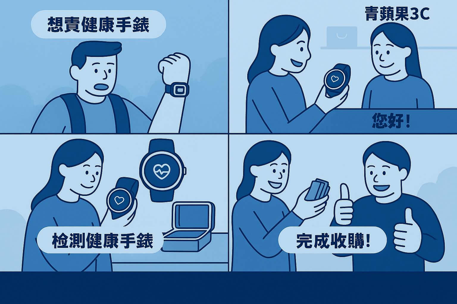 健康手錶收購流程漫畫，圖解 LINE 詢價與現場估價交易流程