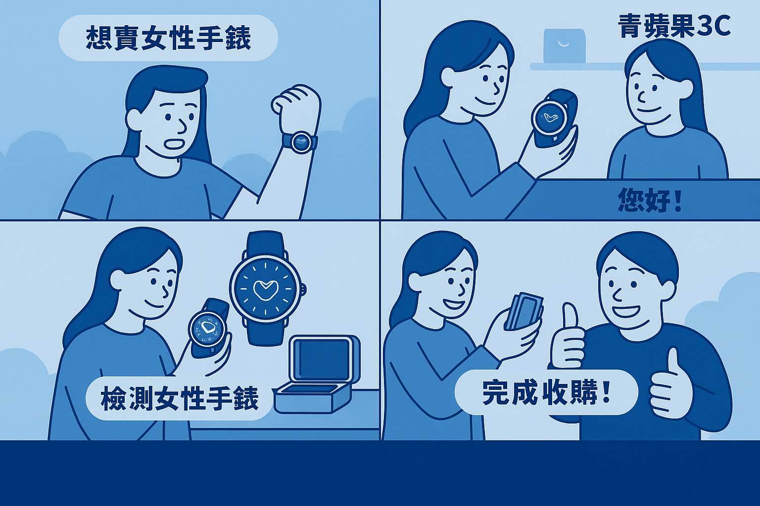從想賣女性手錶到完成收購的流程,圖文清晰呈現賣錶步驟。