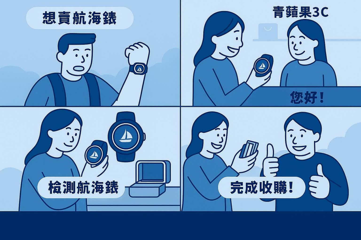 航海錶收購流程四格漫畫圖解，從詢價到交易過程簡單清楚，青蘋果3C收購流程介紹圖