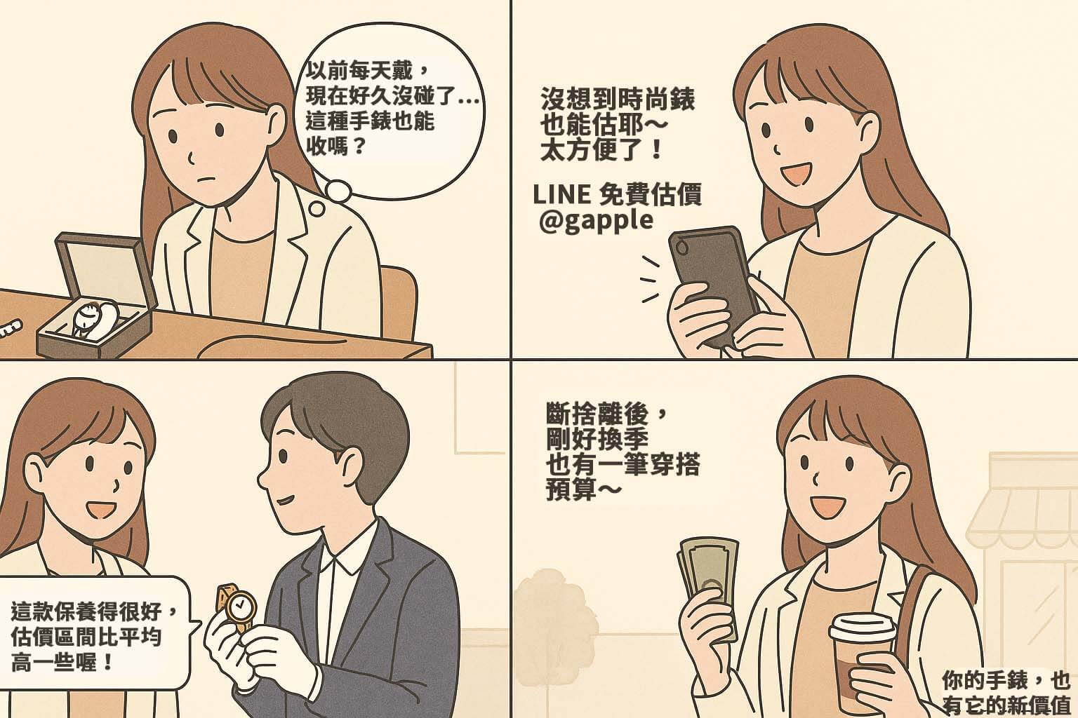 時尚手錶收購四格漫畫｜DW 舊錶估價流程，女性角色真實經驗分享