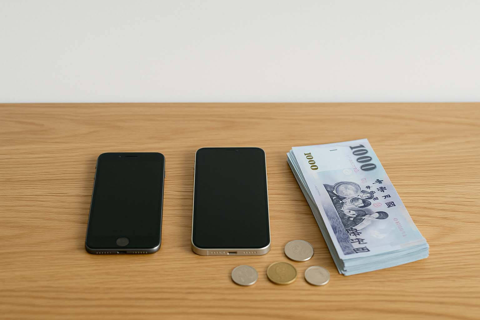 舊手機與新手機放在桌上，旁邊有新台幣現金，象徵二手機交換與現金收購服務