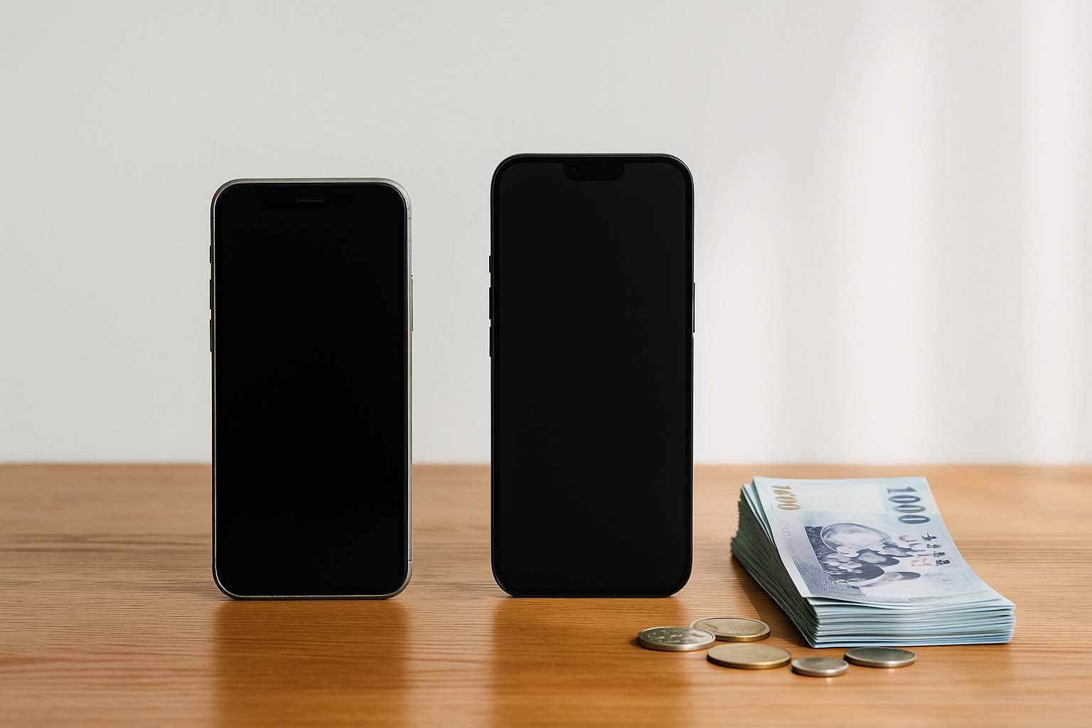 舊手機與新手機放在桌上，旁邊有新台幣現金，象徵二手機交換與現金收購服務